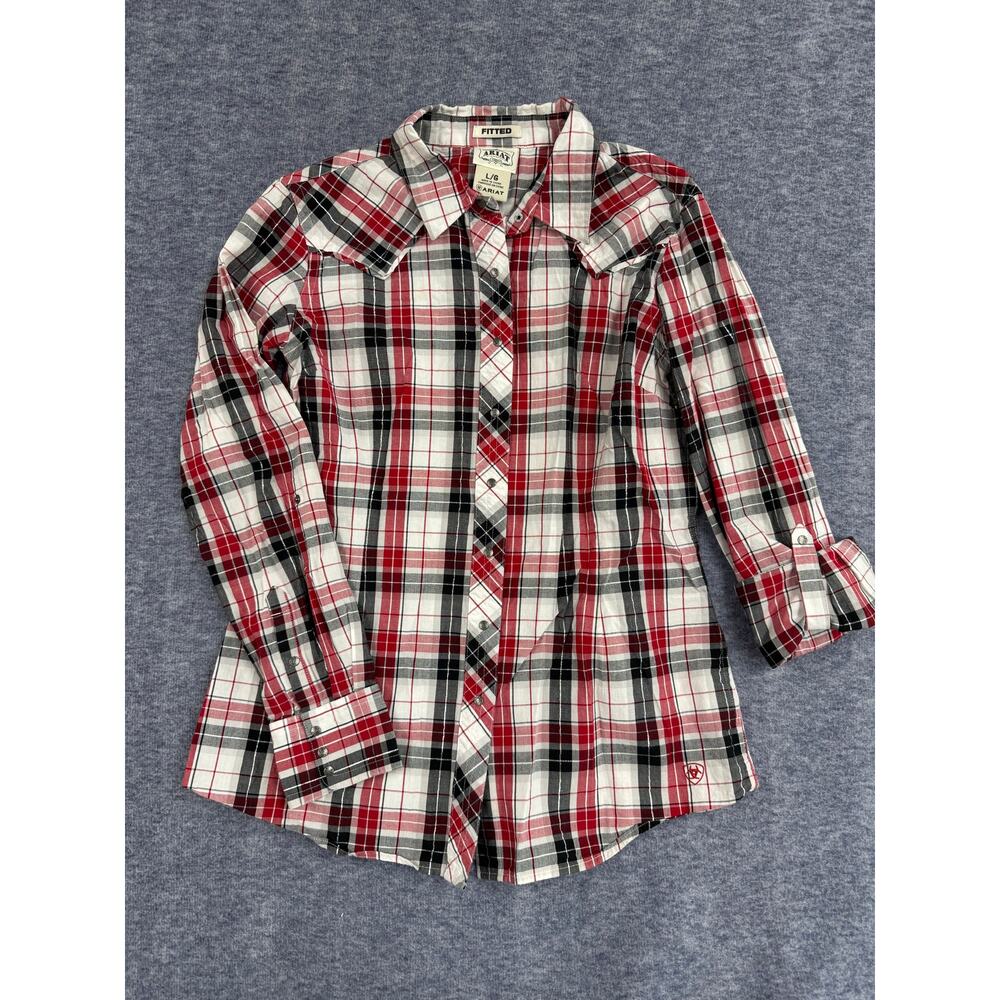 Ariat Western Pearl Snap Button Up Back Swirl Design Women's Plaid Shirt Size Lg
